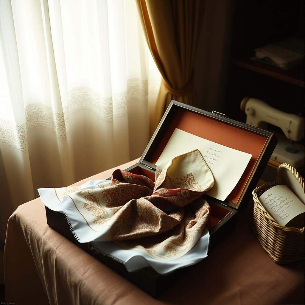 An open box with a folded silk scarf, tissue paper and trousseau list in a 1960s Turkish room