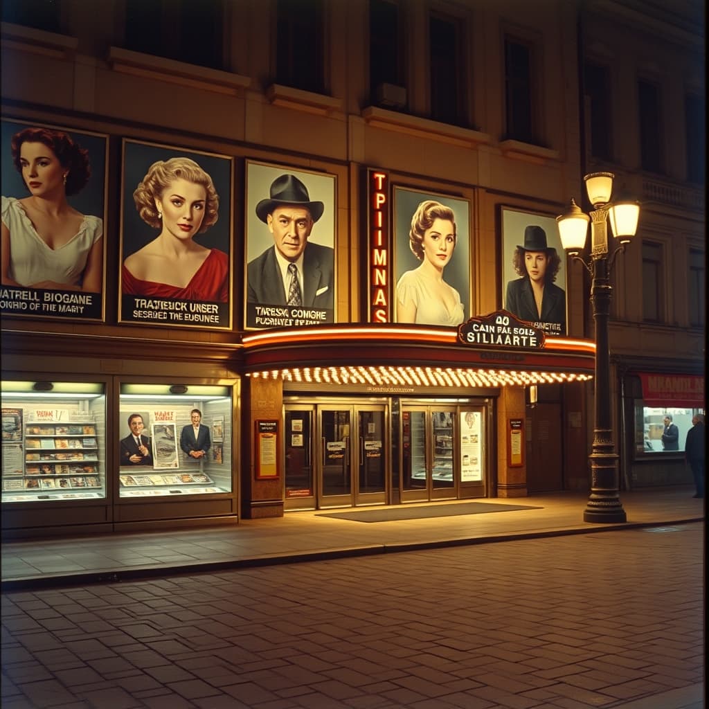 A night-time cinema frontage with painted star posters and a ticket queue under street lamps