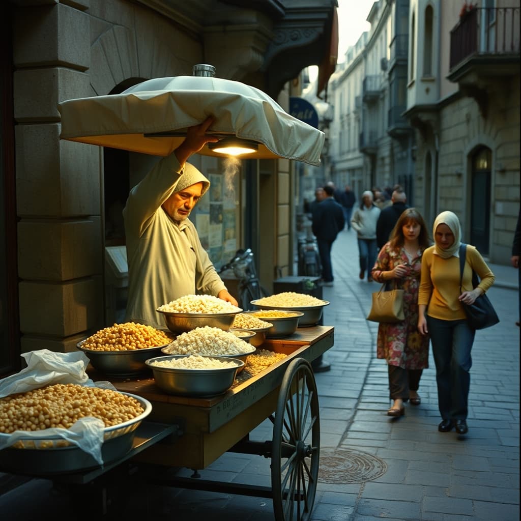 A street vendor serves steaming chickpea rice pilaf from a clean covered cart on a 1970s Turkish side street