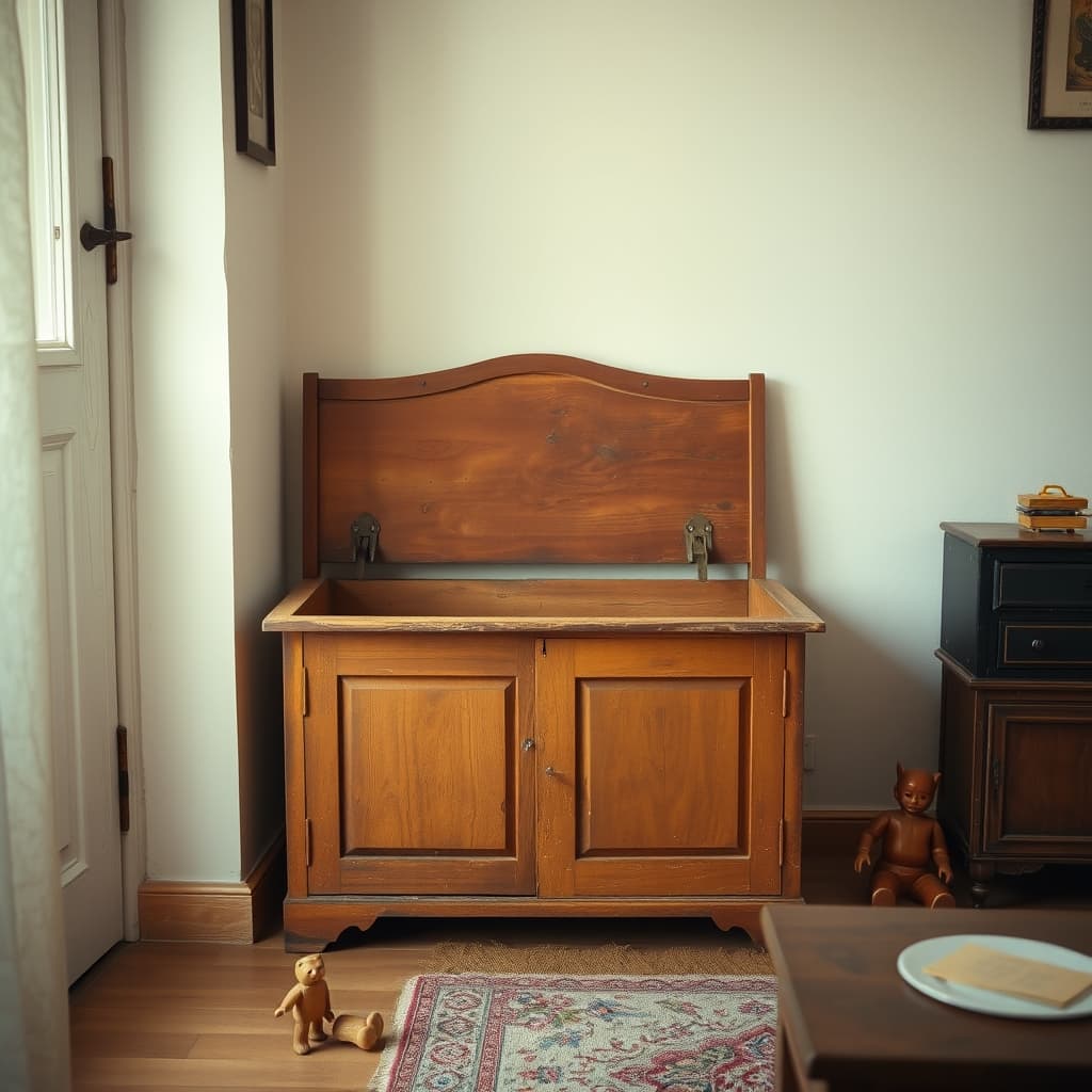 A worn handcrafted wooden toy chest displayed as furniture in a family living room