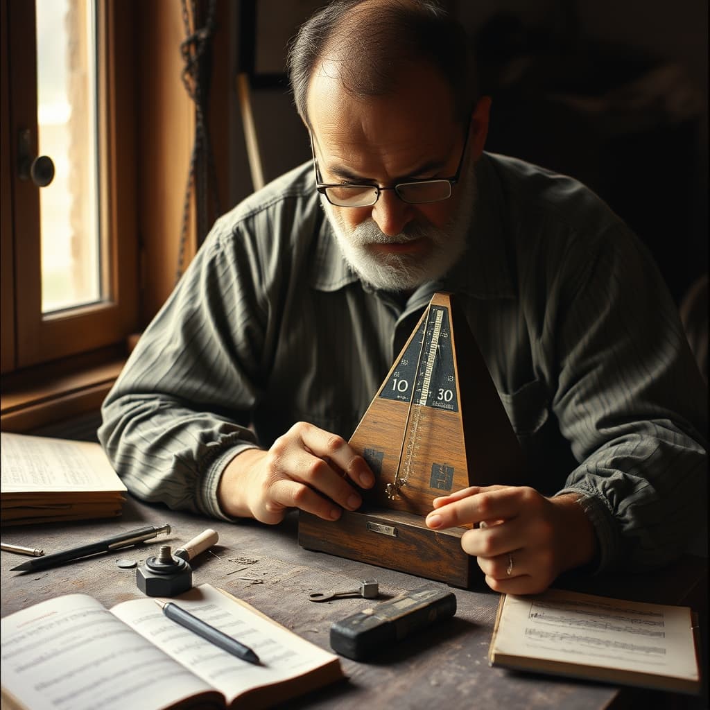 A repairer carefully calibrates a wooden mechanical metronome with precision tools in a 1970s workshop
