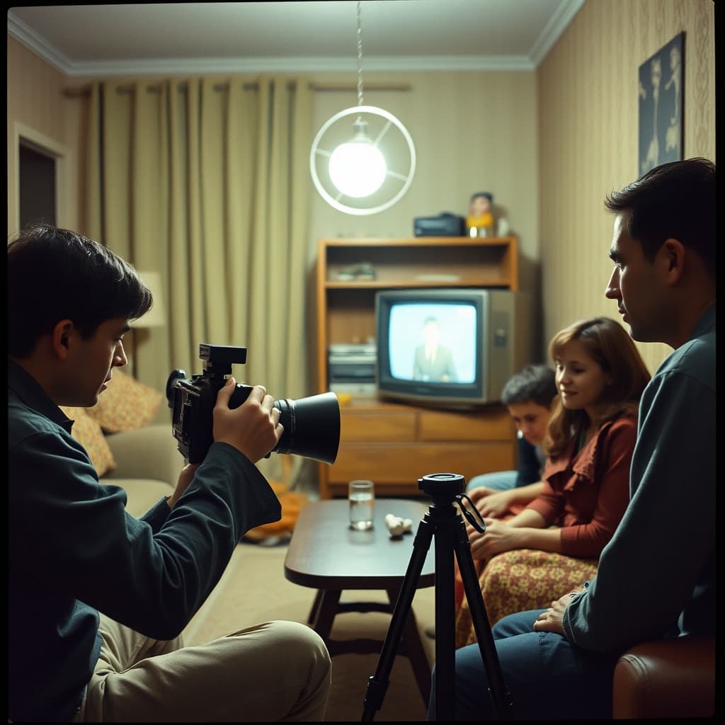 A family member carefully films relatives with a Super 8 camera in a late-1960s Turkish sitting room