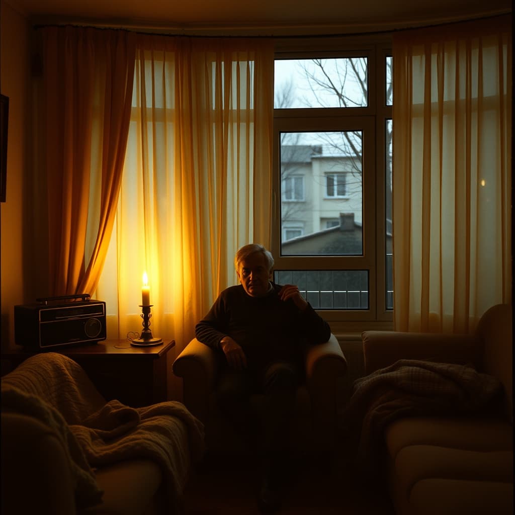 A Turkish family gathered by candlelight beside faded curtains and a battery radio during a winter power cut
