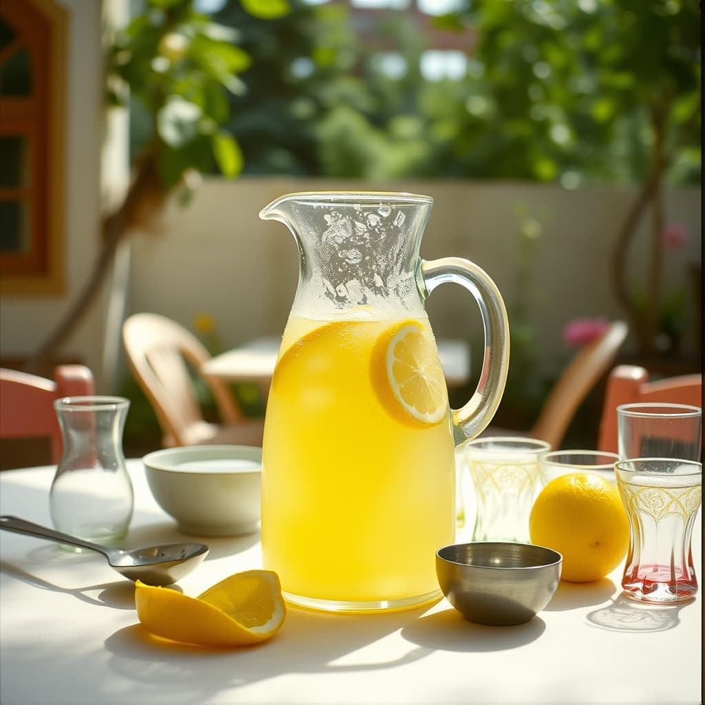 A cold glass jug of homemade lemonade with lemon peel and children's glasses on a shaded summer table