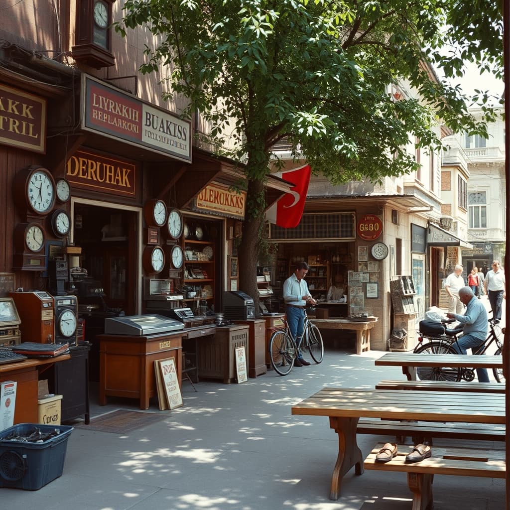 Specialist repairers share parts and advice across neighbouring workshops on a 1970s Turkish street
