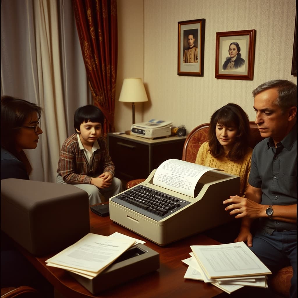 A family watches perforated paper emerge from a dot-matrix ribbon printer in a late 1980s sitting room