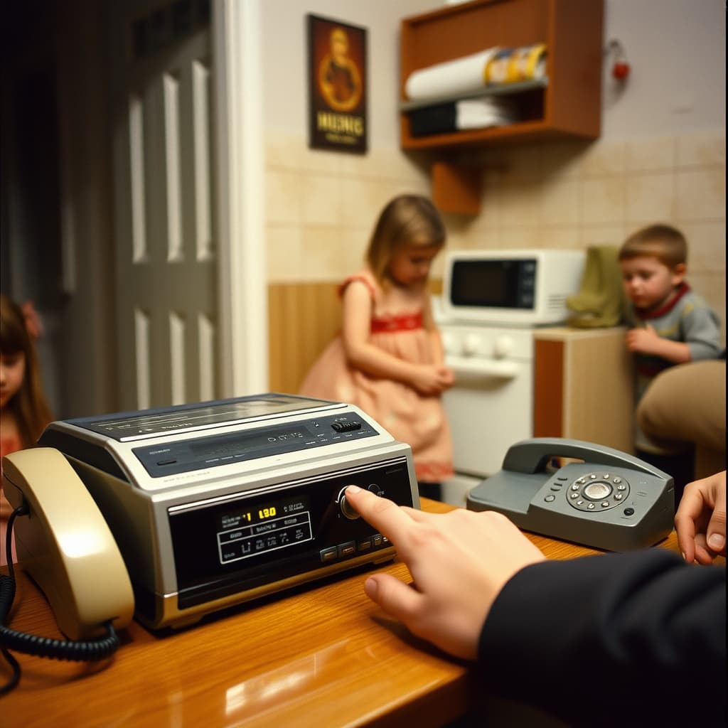A family listening to a microcassette answering machine beside a corded telephone in a nostalgic living room