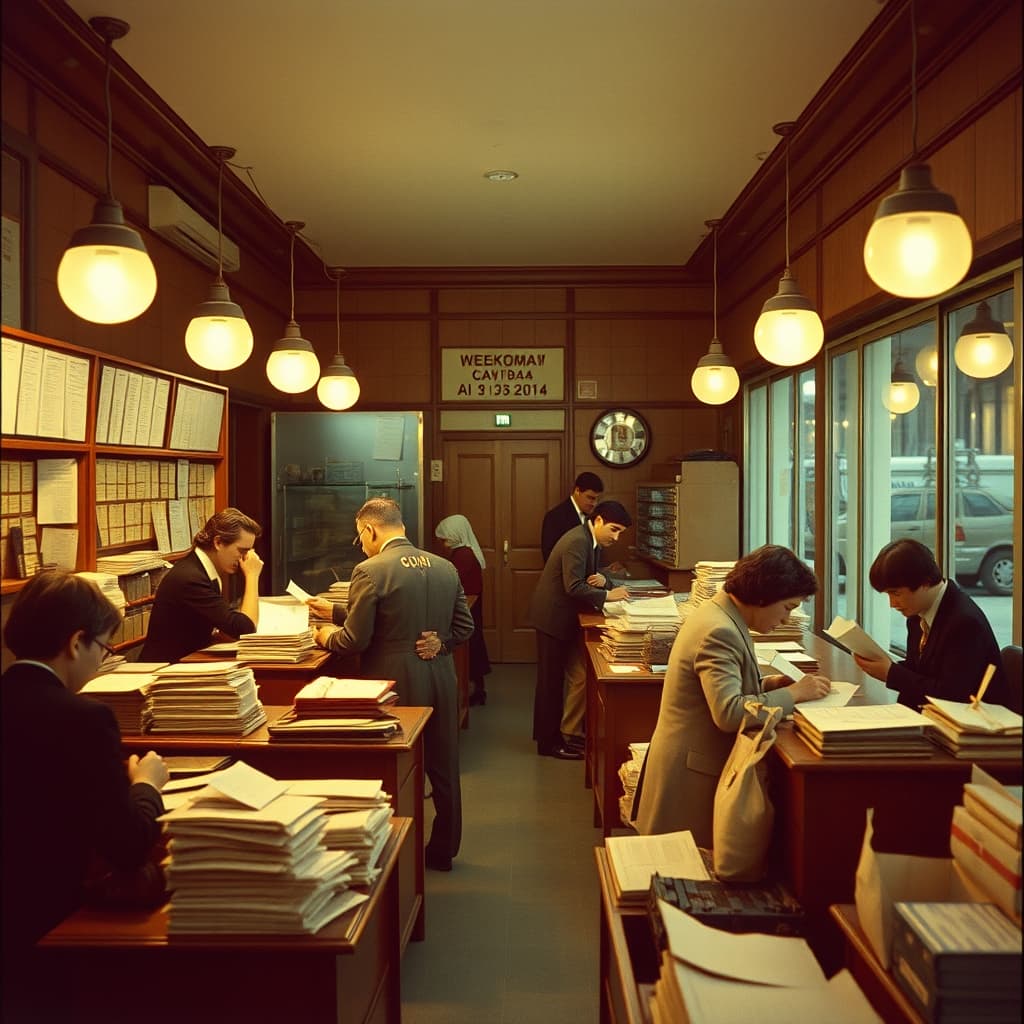 Clerks and customers handle letters and telegrams in a busy Turkish post office during the late 1960s