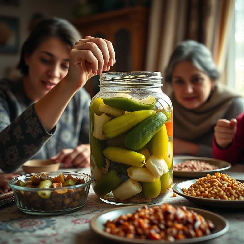 A large jar of mixed winter pickles being opened beside a family meal of beans and rice