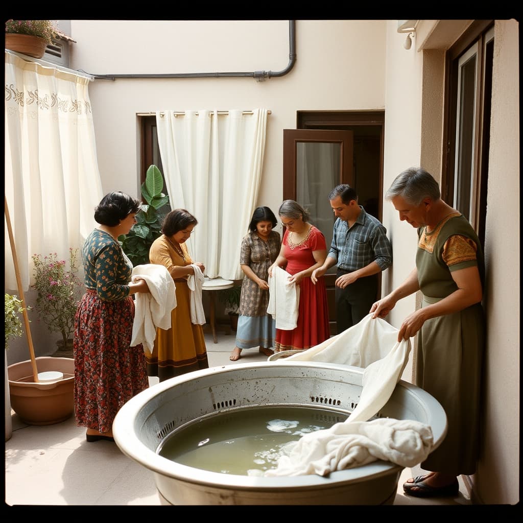 Family members share holiday cleaning tasks around a galvanised zinc washbasin in a 1960s courtyard