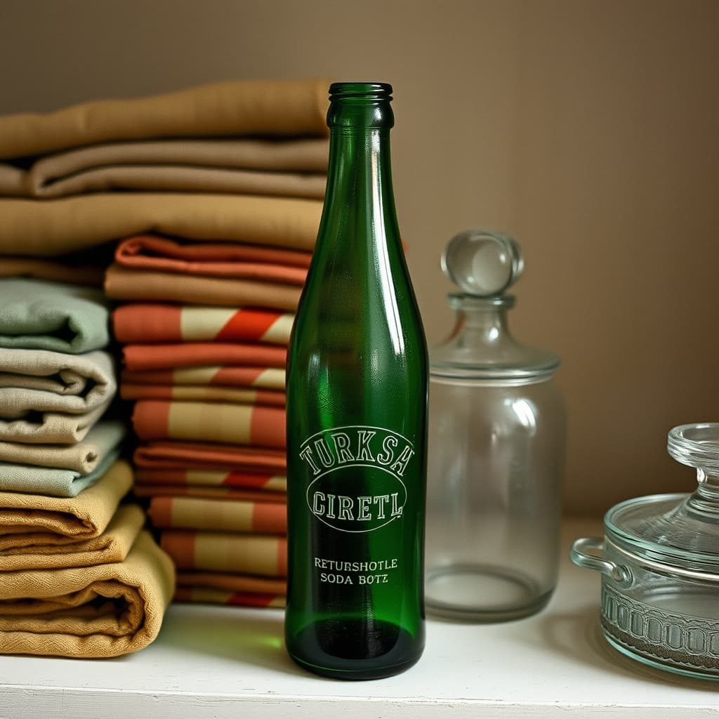 A vintage returnable soda bottle stands carefully among folded textiles and glassware in a 1960s dowry room
