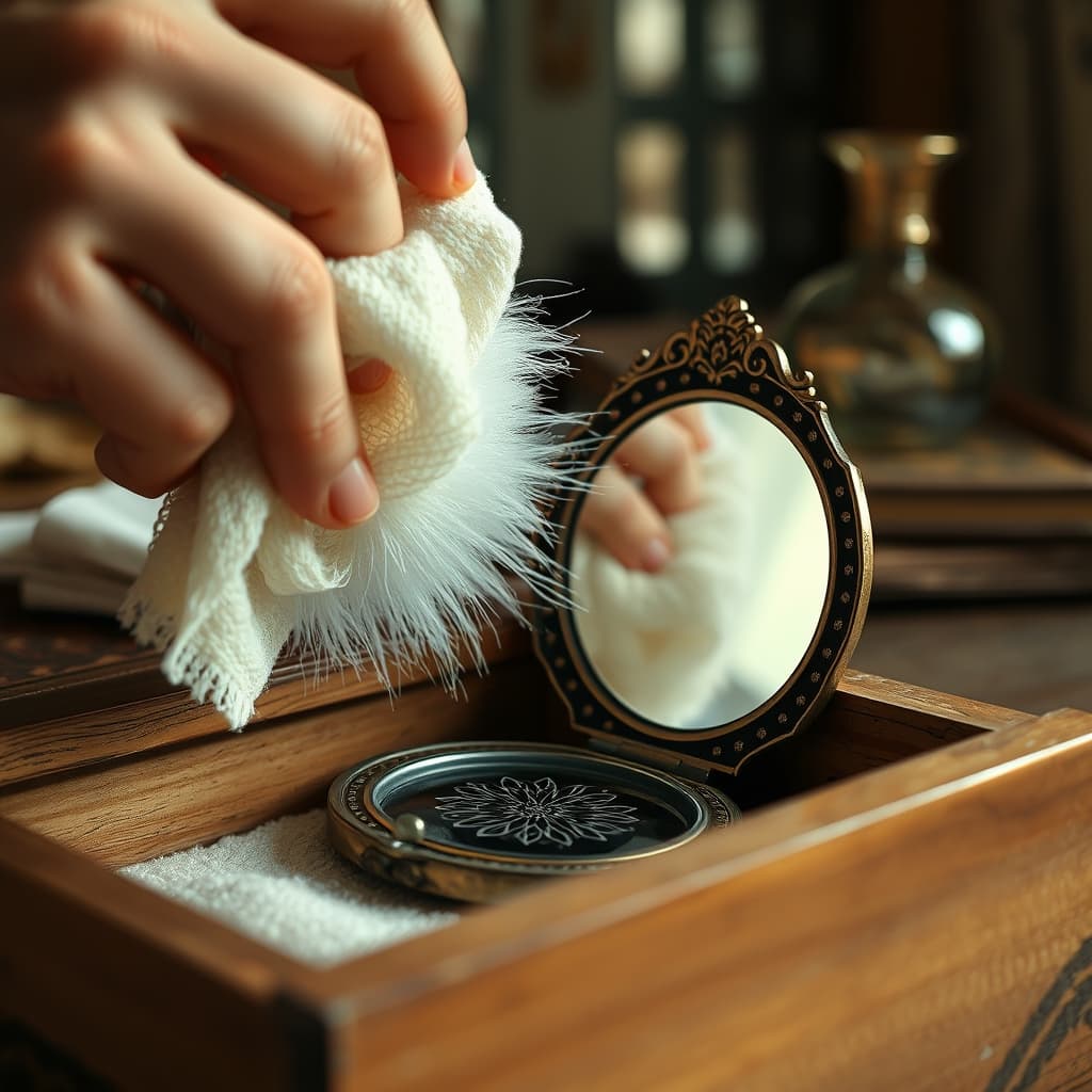 An ornate pocket mirror being gently cleaned beside its case in an open household drawer