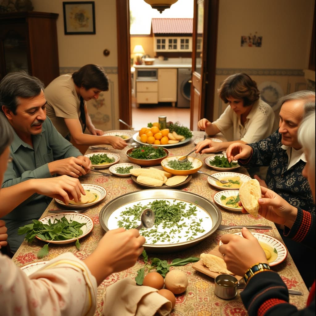 A bowl of purslane with garlic yogurt is shared at a crowded 1970s Turkish family table