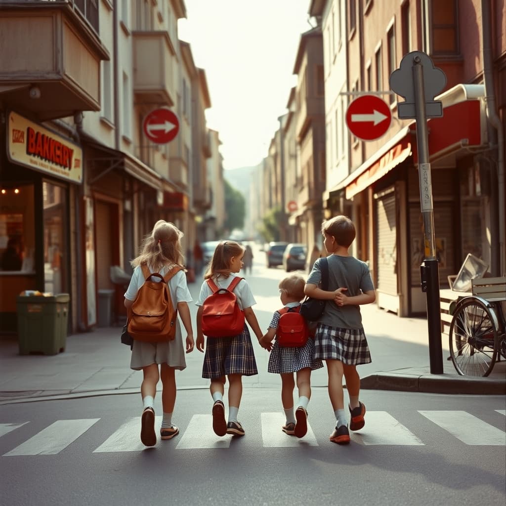 Schoolchildren walking together past neighbourhood shops while an older pupil helps at a crossing