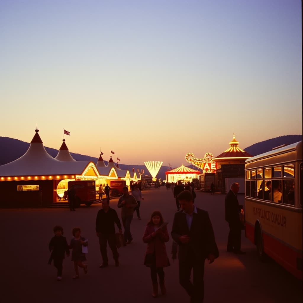 Families visiting illuminated pavilions and machinery displays at a historic summer fairground