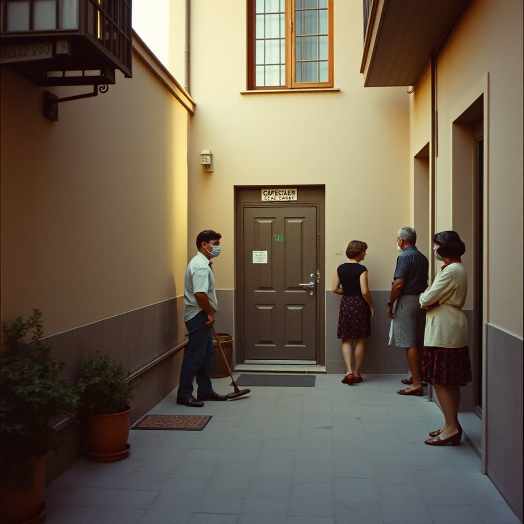 A caretaker cleans a clear apartment entrance beside a closed coal-cellar door on a 1970s summer evening