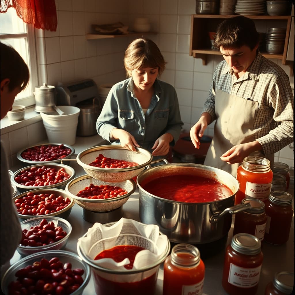Rosehip pulp is carefully strained through fine sieves into a stable pot in a clean 1970s family kitchen
