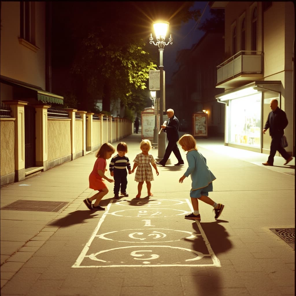 Children play chalk hopscotch while neighbours share a safe pavement under a 1970s streetlamp