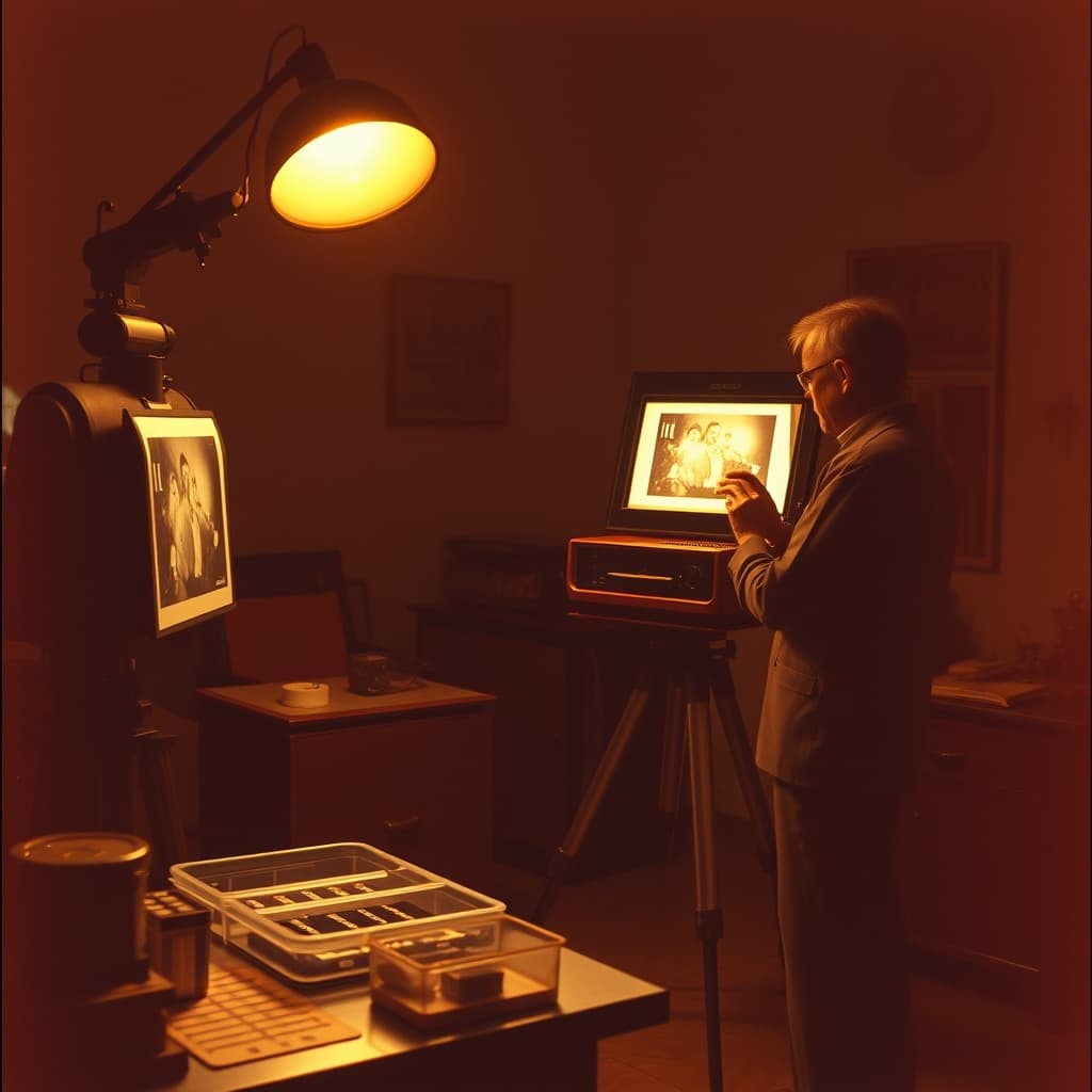 A photographer focuses a vintage enlarger beside test strips and trays in a 1970s darkroom