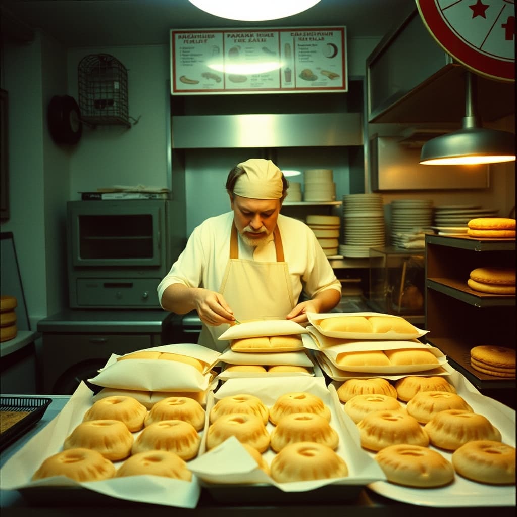 A baker packs fresh poğaça in clean food-grade paper at a neighbourhood pastry shop at dawn