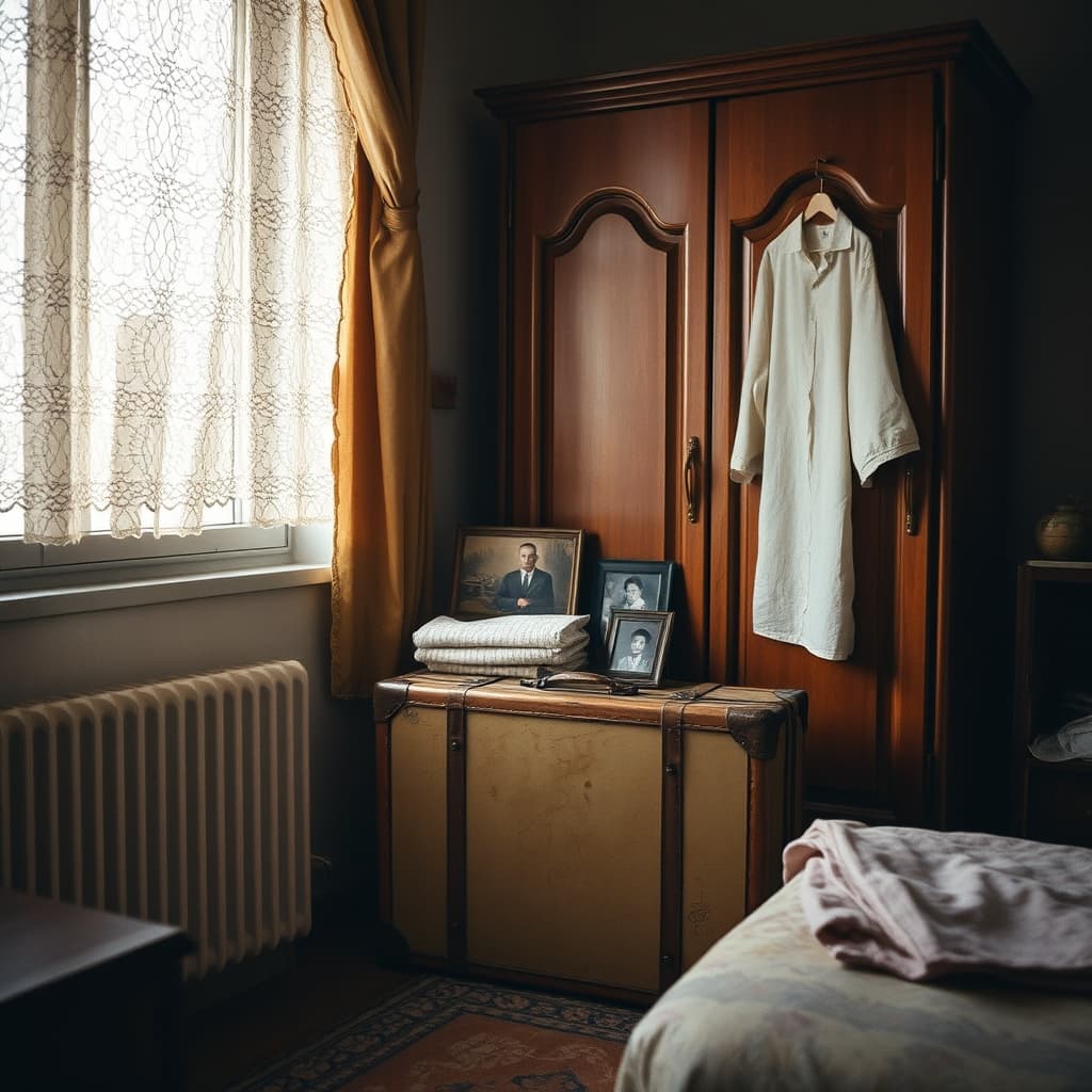 A worn old suitcase beside a wardrobe in a Turkish grandmother's softly lit bedroom