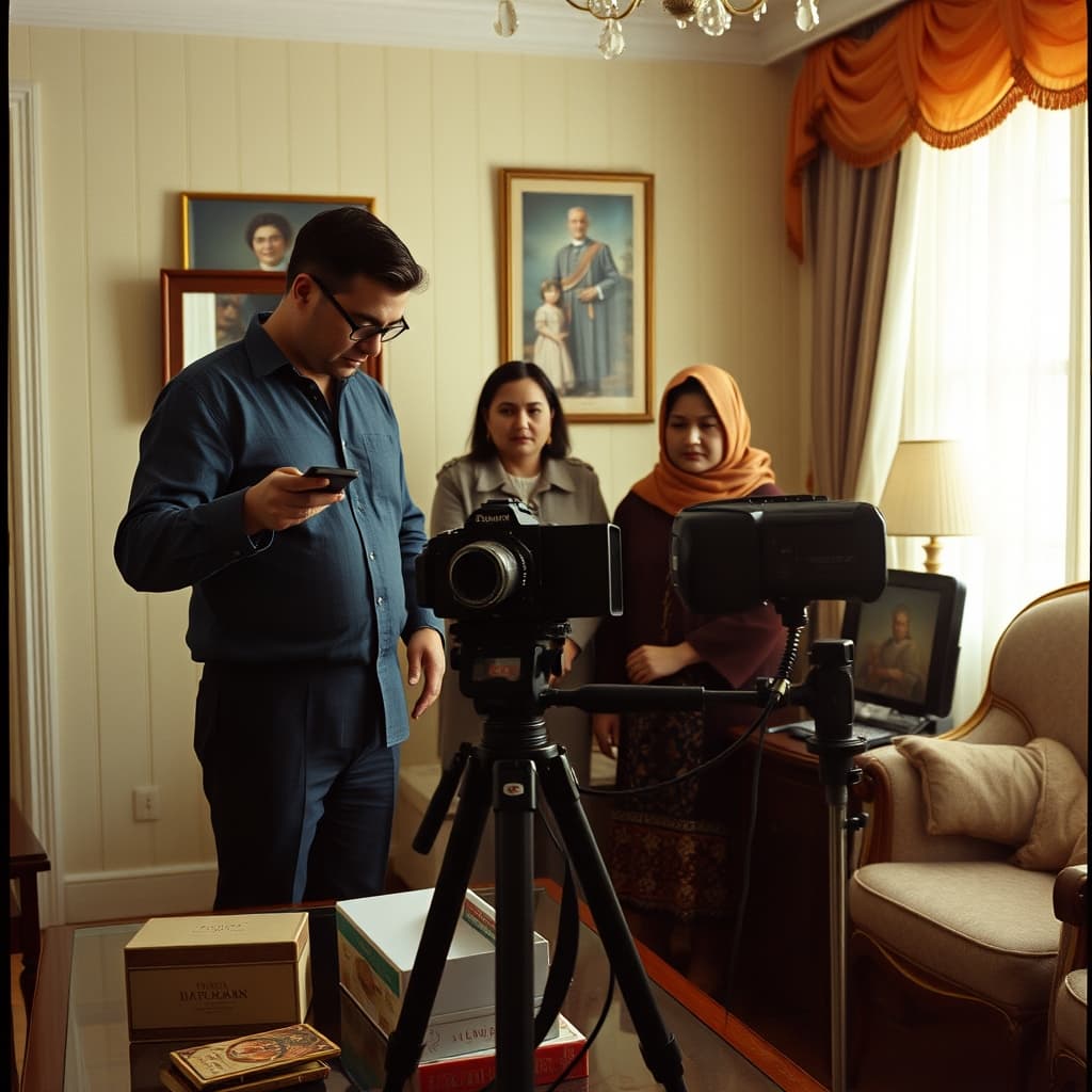 A photographer checking a 35mm film camera before taking a family Bayram portrait