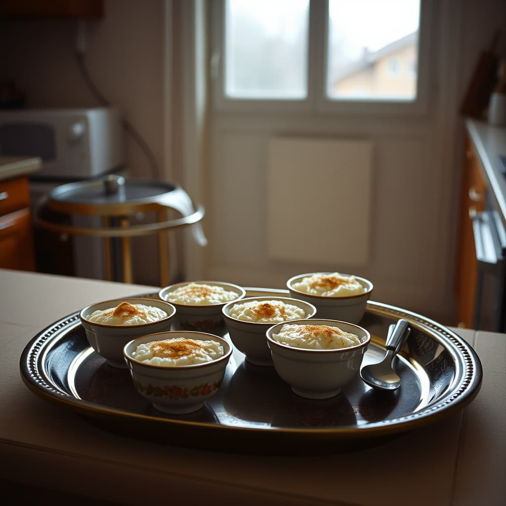 A neighbour receives a bowl of cinnamon-topped stovetop rice pudding from a family kitchen