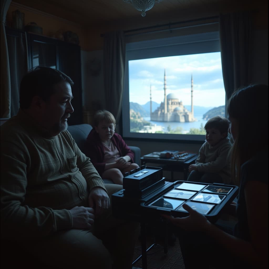A family watching as an operator focuses a slide projector image on a living-room wall