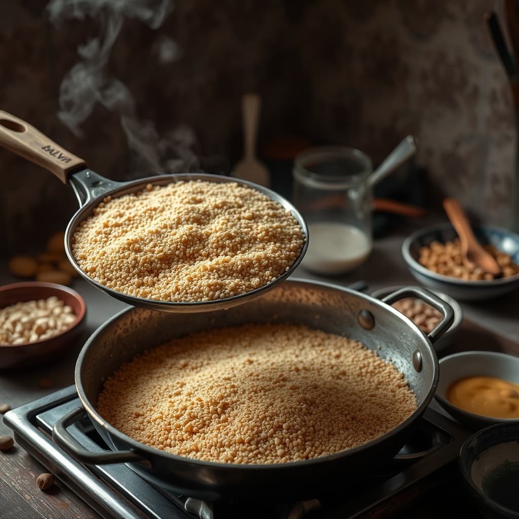 Semolina halva being patiently stirred and toasted in a wide pan in a family kitchen