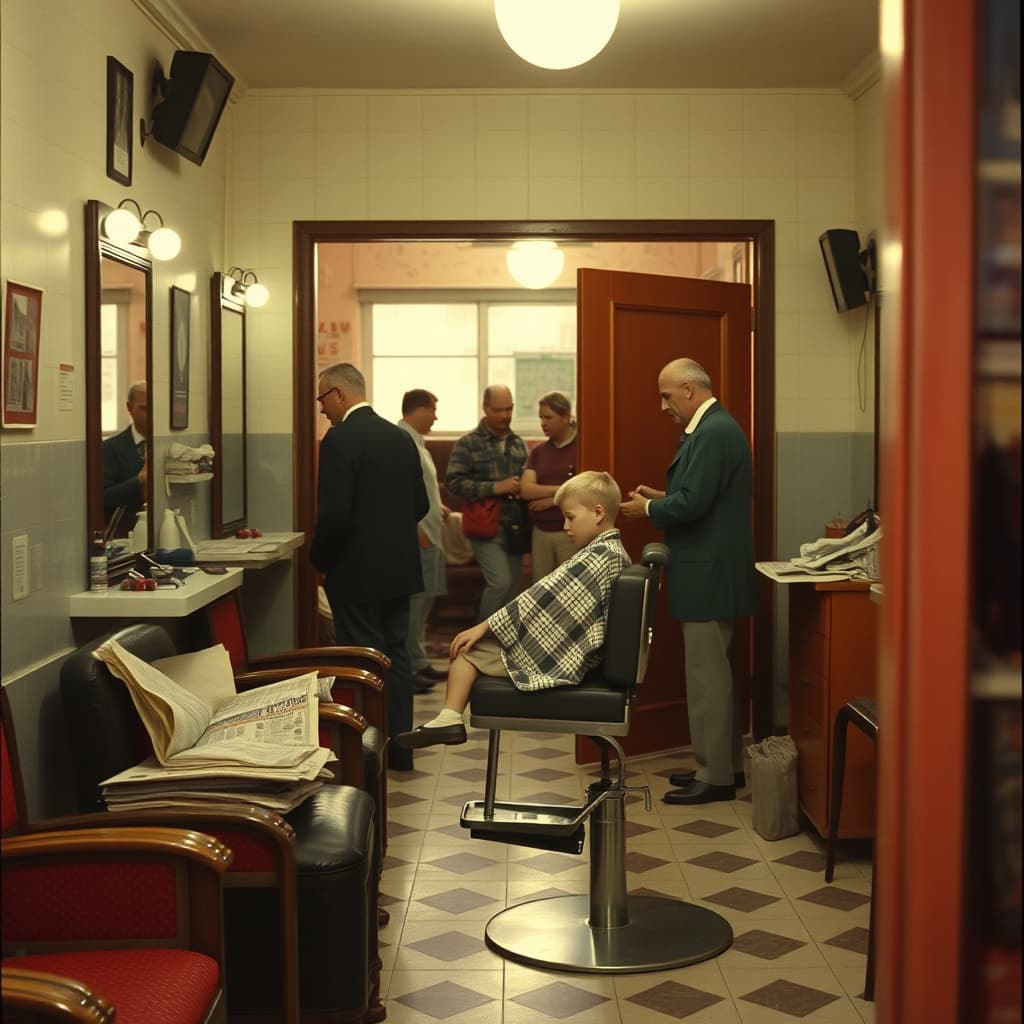 A child receiving a haircut while neighbours talk in the waiting chairs and doorway of a barbershop