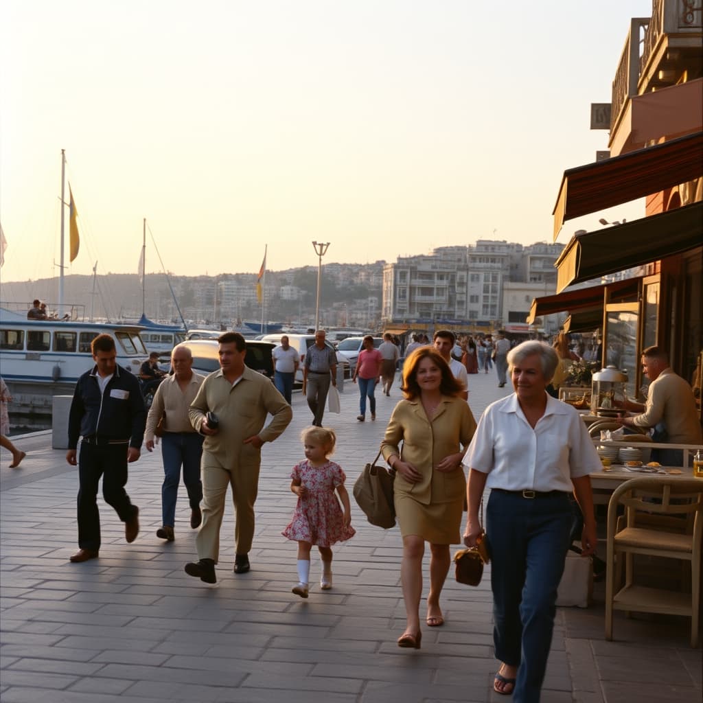 Families and workers share a cooling stone promenade in a Turkish coastal town during a 1960s summer evening