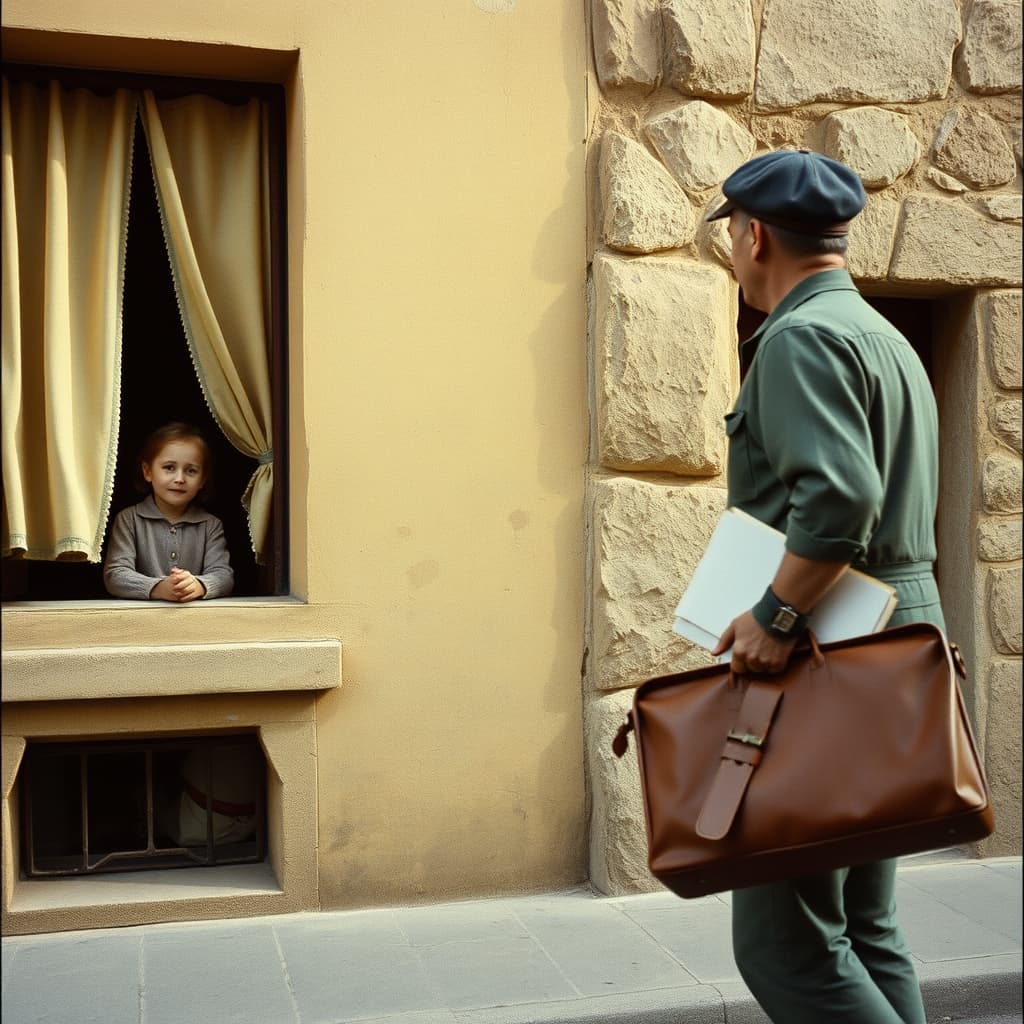 A family watches from a window as a postal worker carries letters along a 1960s Turkish street