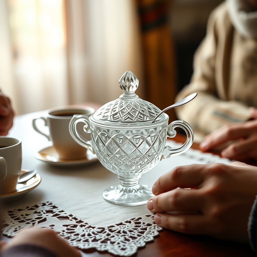 Family members passing a cut-crystal sugar bowl across a Bayram coffee table