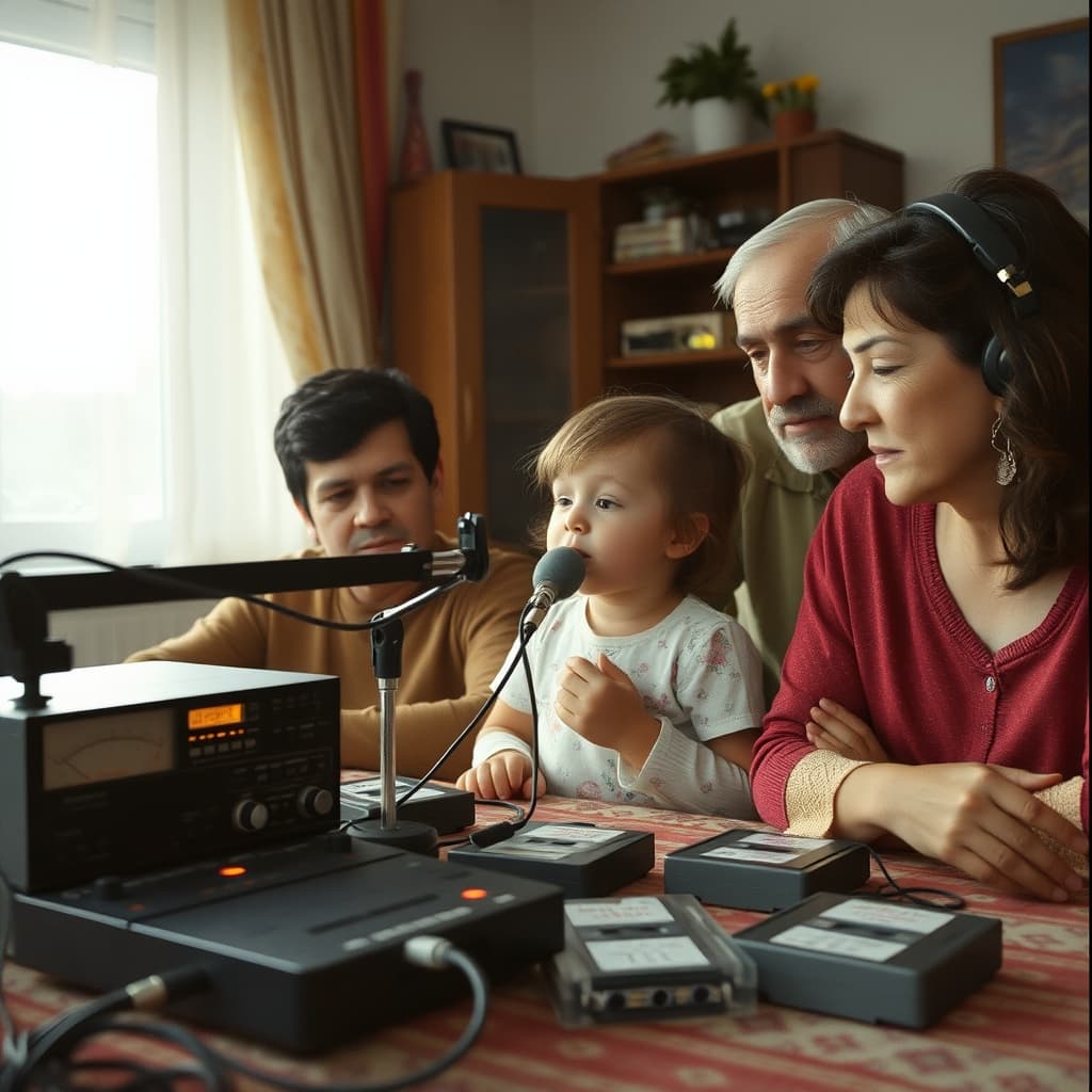 A child singing into a wired microphone connected to a cassette deck as family members listen