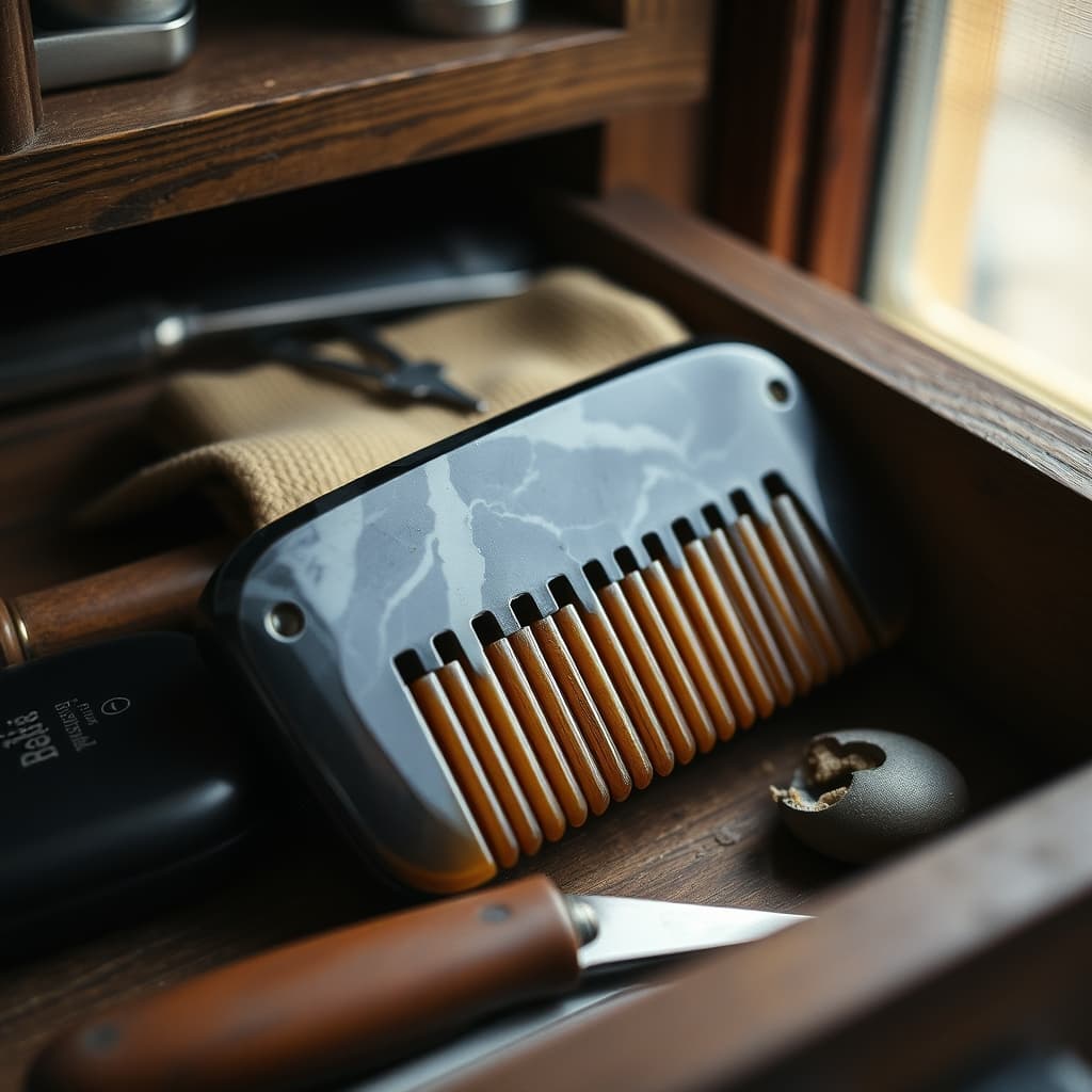 A worn marbled Bakelite comb with broken teeth resting among tools in a barber's drawer