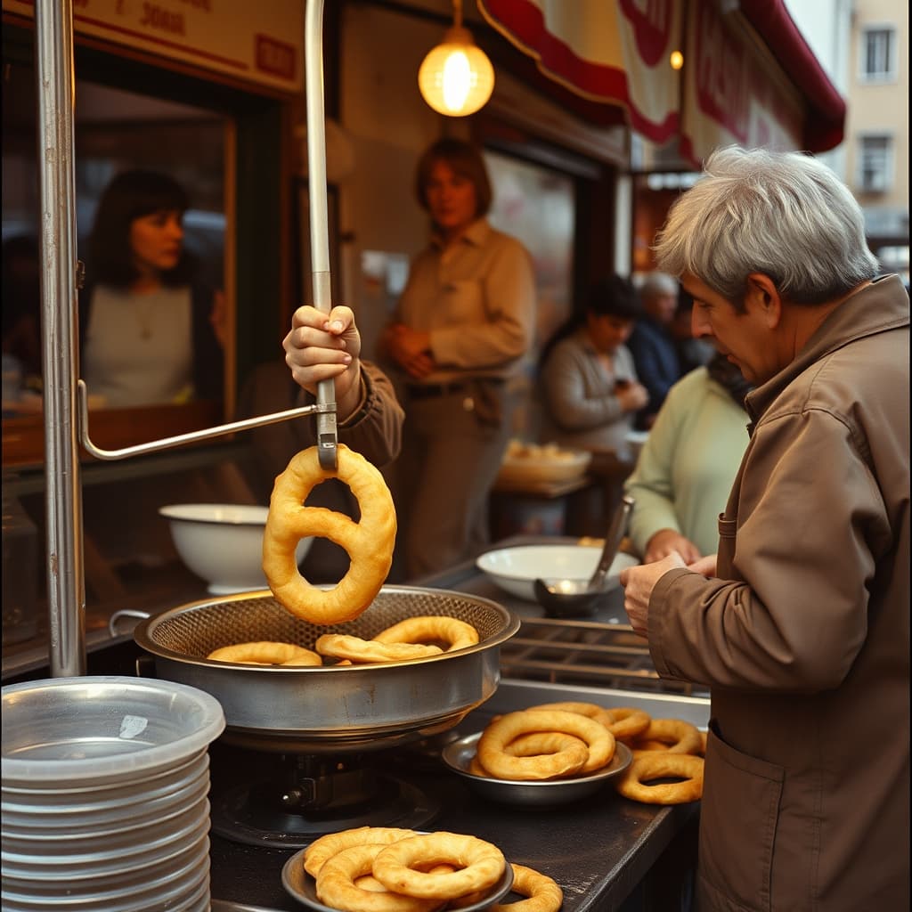 A 1970s street vendor safely fries ridged halka tatlı rings at a clean and organised Turkish stall