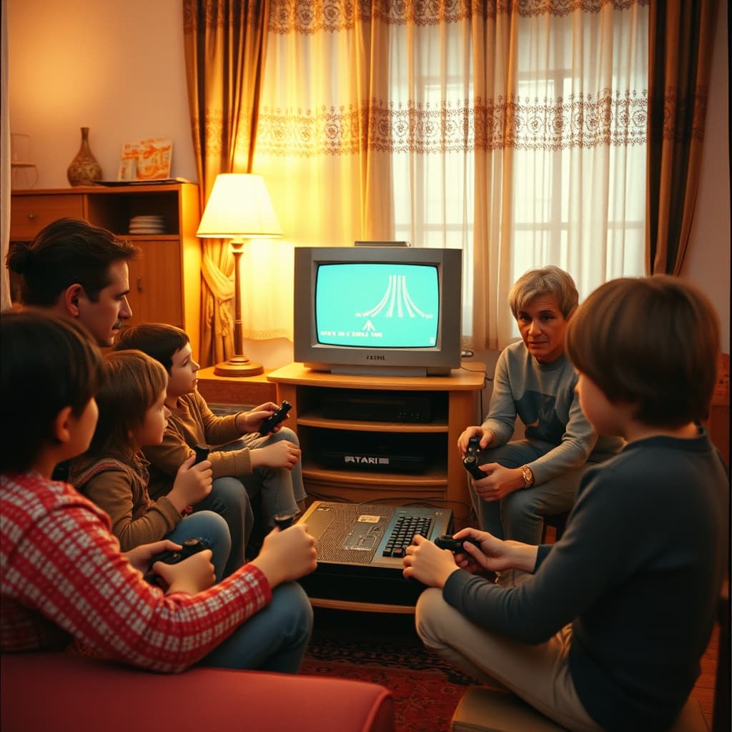 Children sharing Atari joysticks while relatives watch around a CRT television in a family room