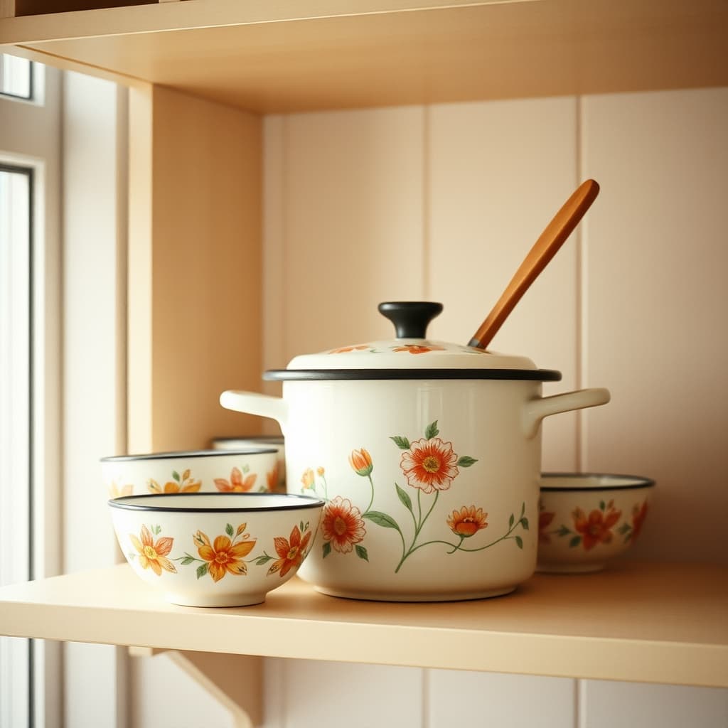 A floral enamel pot with signs of long use resting on an open kitchen shelf