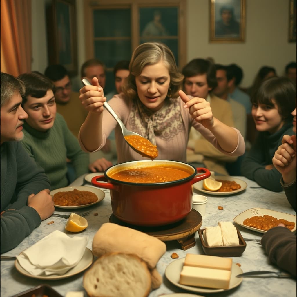Red lentil soup being ladled from a large enamel pot at a crowded family table