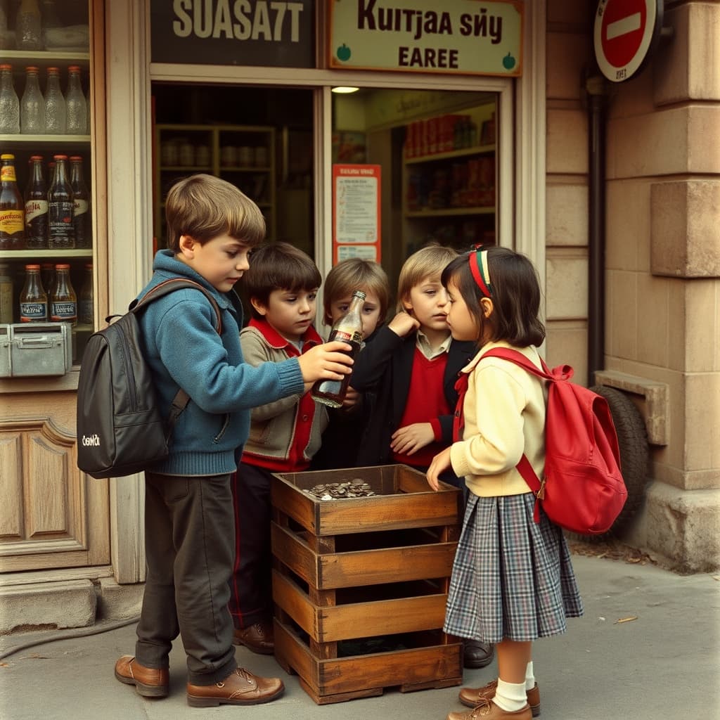 Schoolchildren sharing a returnable glass soda bottle outside a nostalgic neighbourhood corner shop