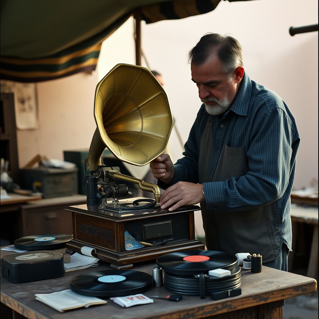 A repairer inspecting the spring motor and soundbox of an open portable gramophone