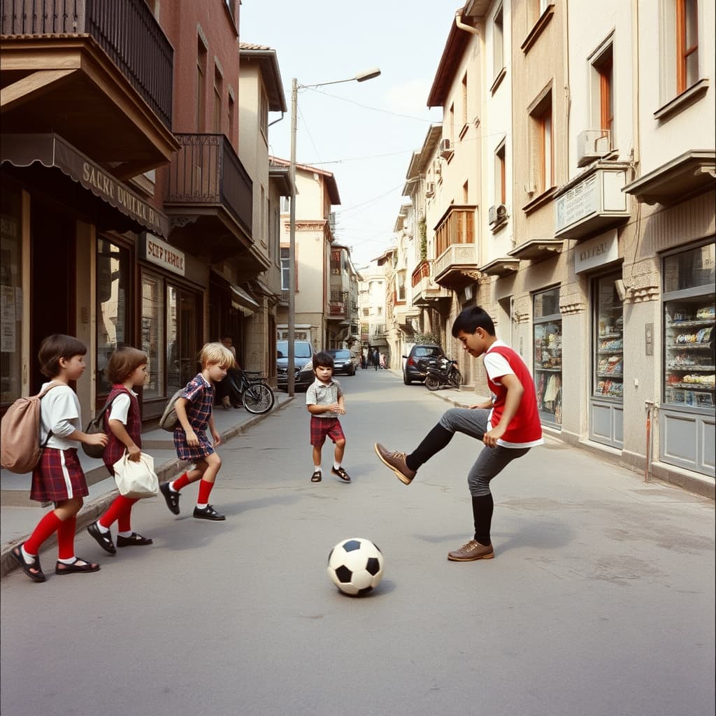 A neighbourhood grocer returns a football to schoolchildren playing between local shops in the 1970s