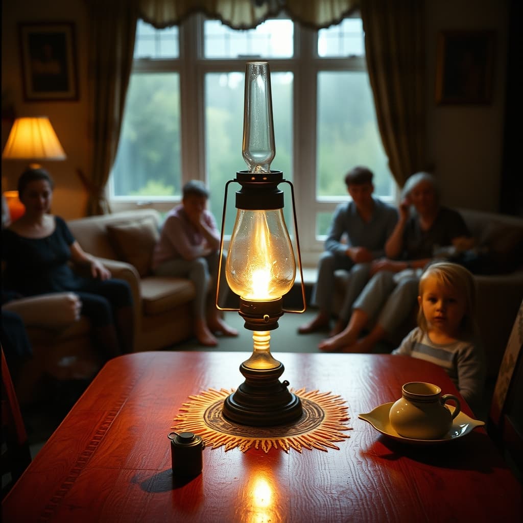 A family sits safely around the glow of an inherited kerosene lamp during a power cut