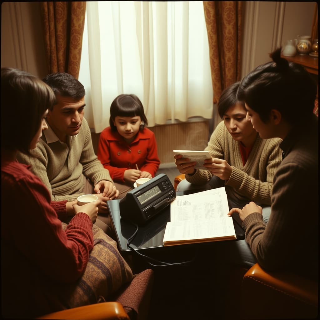 A family listens quietly as an adult tunes a tabletop transistor radio beside tea and a programme guide
