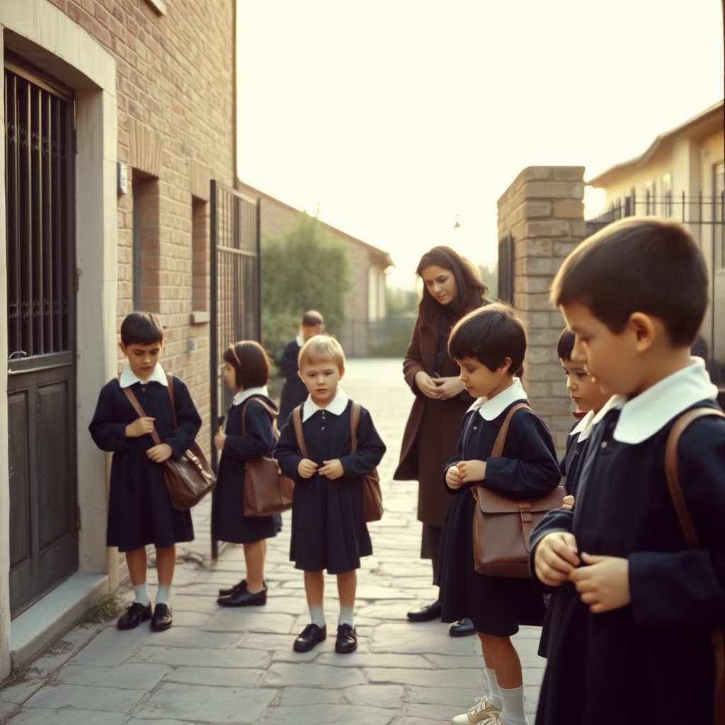 Schoolchildren in traditional smocks gathering for morning assembly as a loose button is repaired
