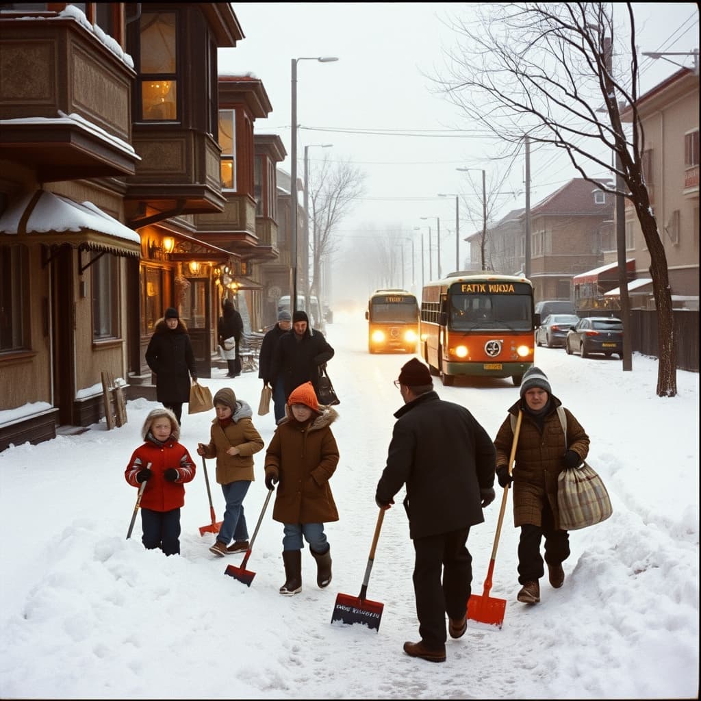 Children play while neighbours clear snow and help with shopping on a lively 1970s Turkish street