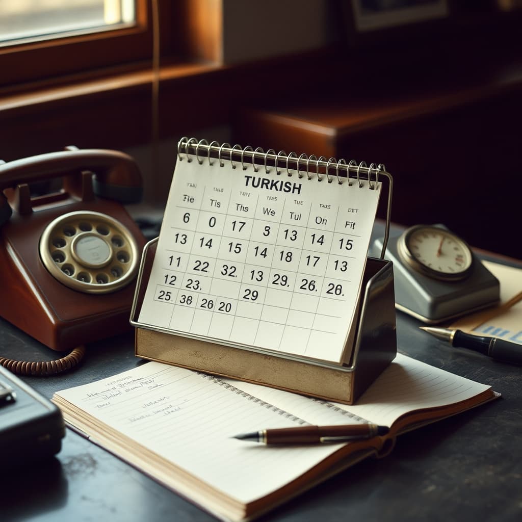A vintage tear-off desk calendar stands beside a rotary telephone and ledger on a 1960s office desk