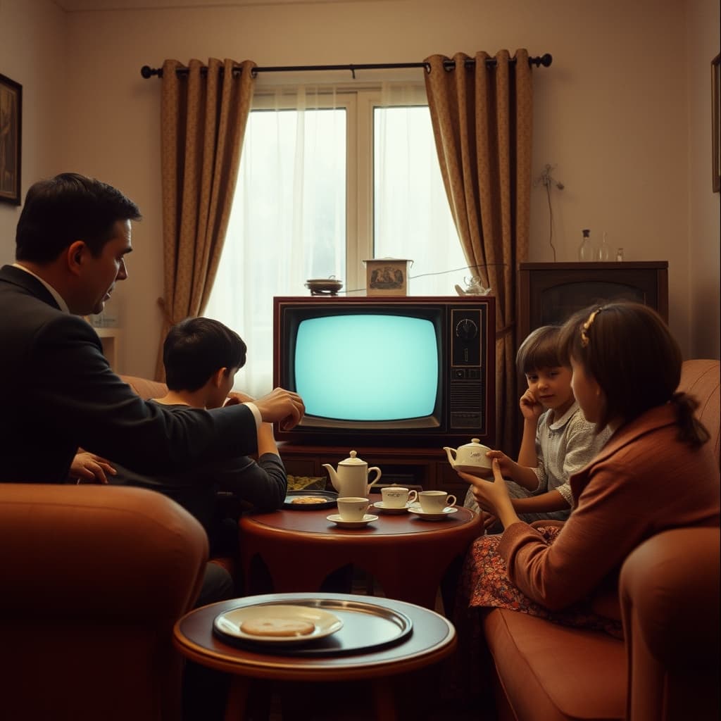 A family watches while one person adjusts a cathode-ray television in a 1970s Turkish sitting room