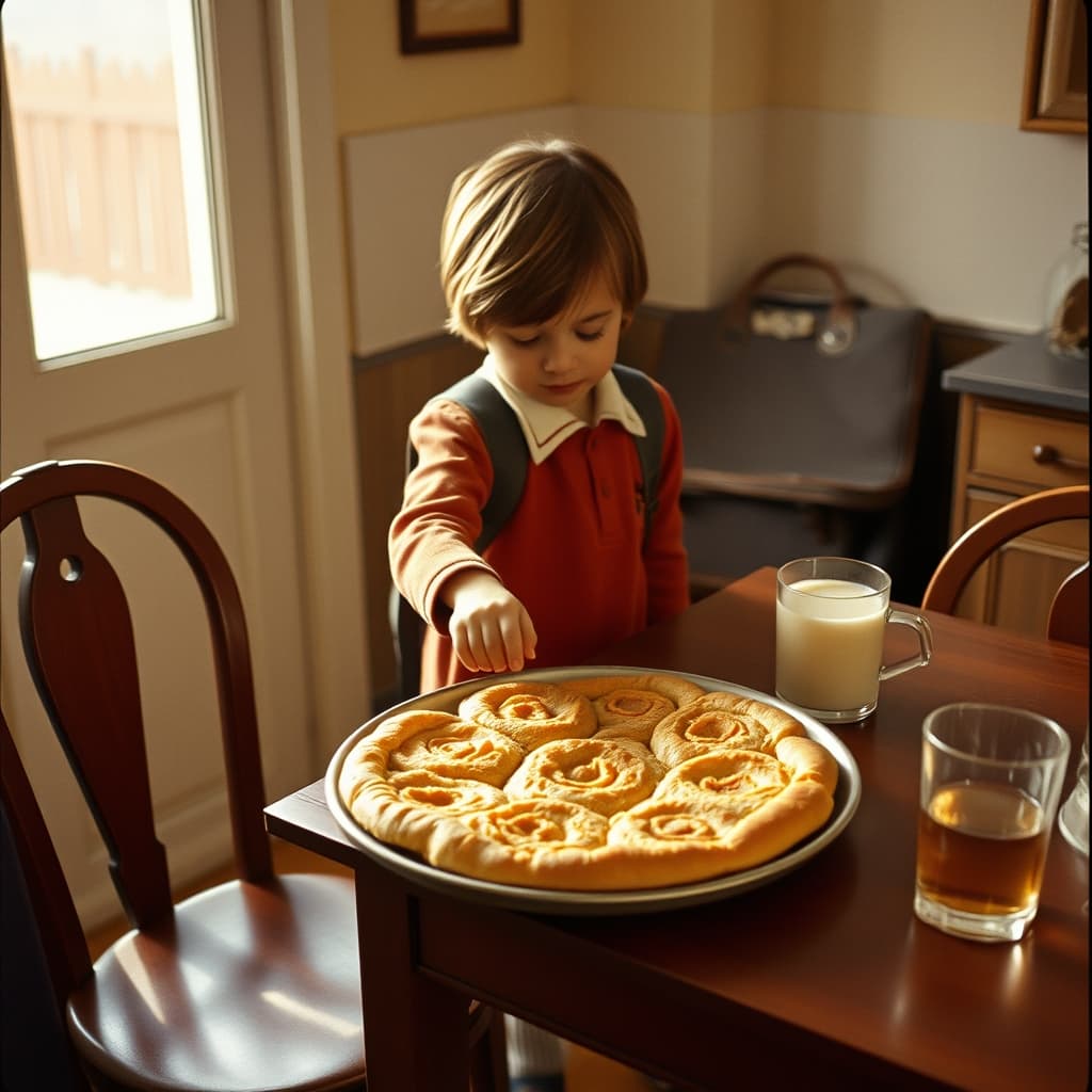 A schoolchild reaching for the first slice of golden tray börek after arriving home