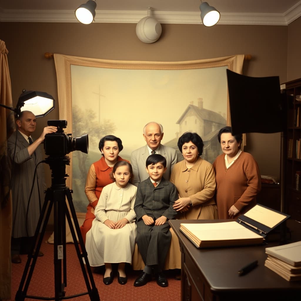 A multigenerational family posing before a painted backdrop in a nostalgic portrait photography studio